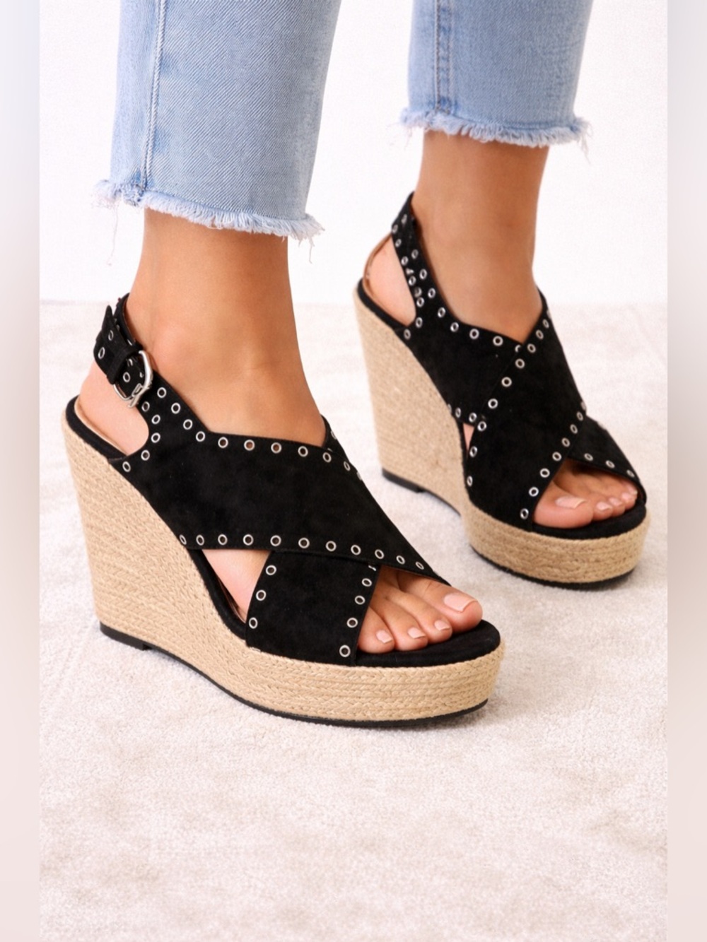 Report Caden sandals dark gray black espadrille wedge platform buckle size 10